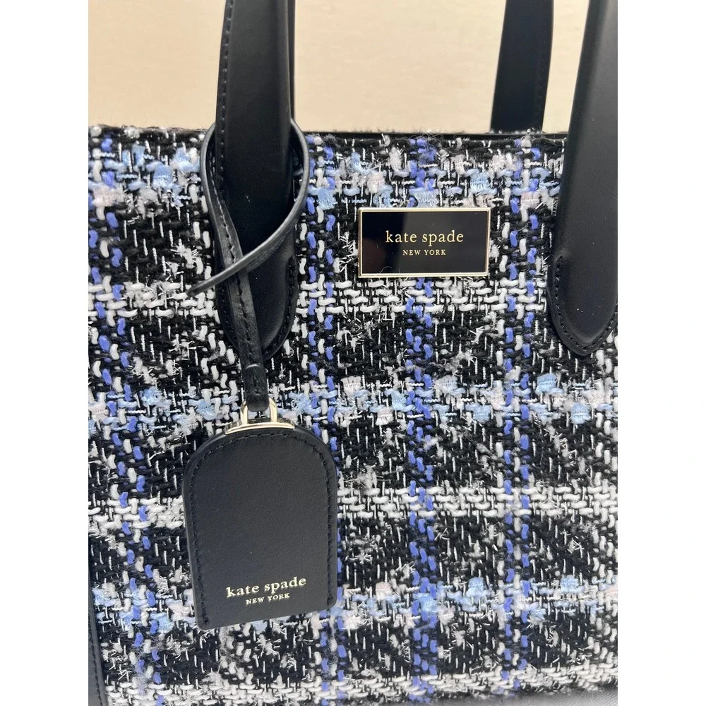 Kate Spade Manhattan Tote Womens Small Blue Black Excellent Tweed Crossbody Bag